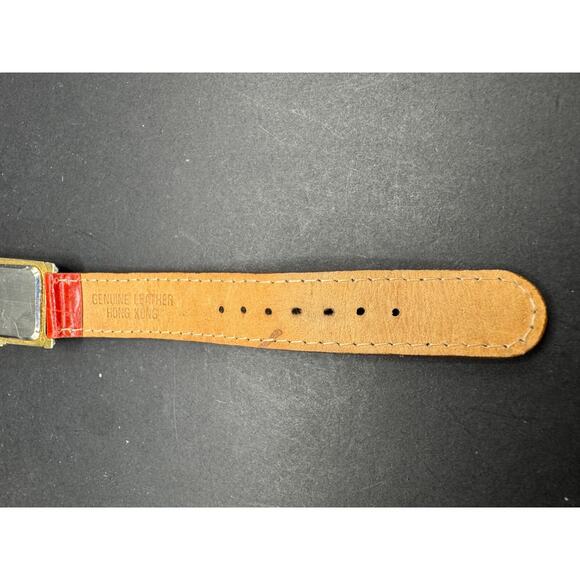 Clarins Paris Rectangular Gold Tone w/ White Dial Watch Red Leather Band Working - Picture 10 of 13